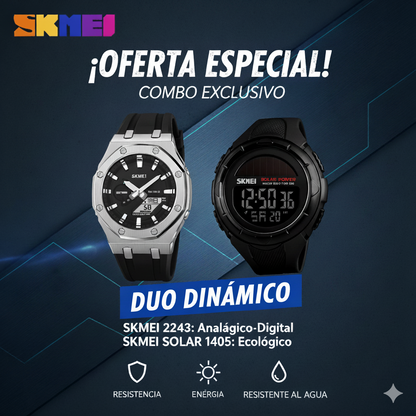 COMBO RELOJ METAL CARBONO SKMEI 2243 Y SKMEI SOLAR